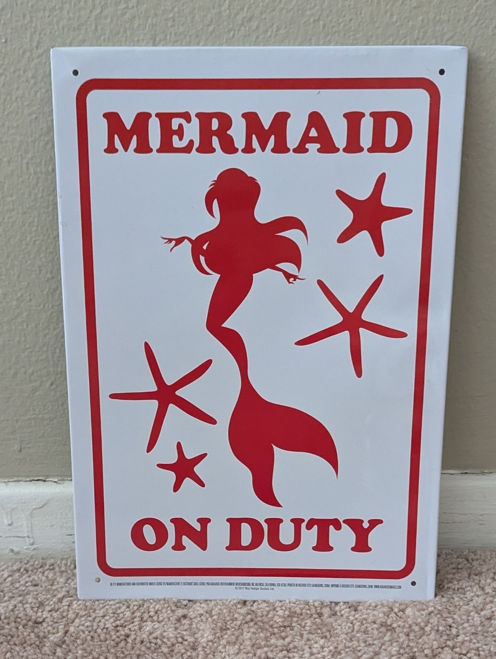 Mermaid On Duty Red & White Metal Sign